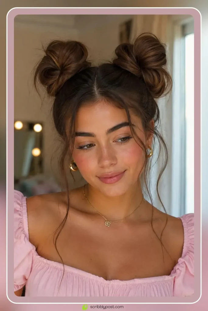 Fluffy space bun hairstyle with volume and texture
