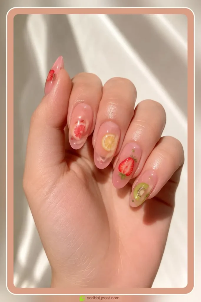 Jelly nails with tiny fruit art accents on sheer tinted base