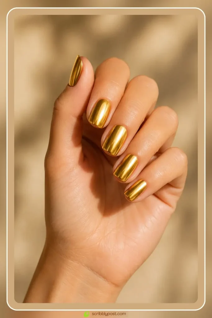 Full metallic gold nails in glossy solid finish on short nails