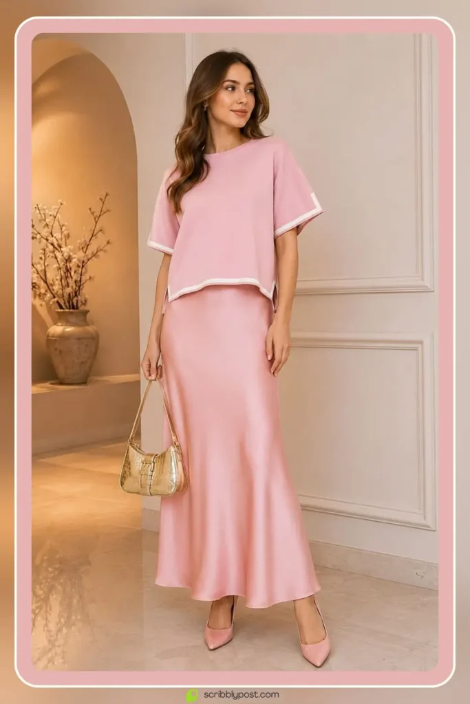 Full monochrome baby pink outfit head to toe styling