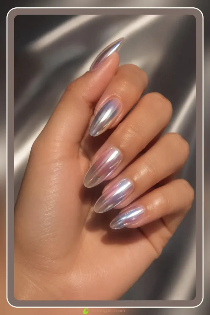 Mirror chrome finish over sheer base glass chrome nails for night out