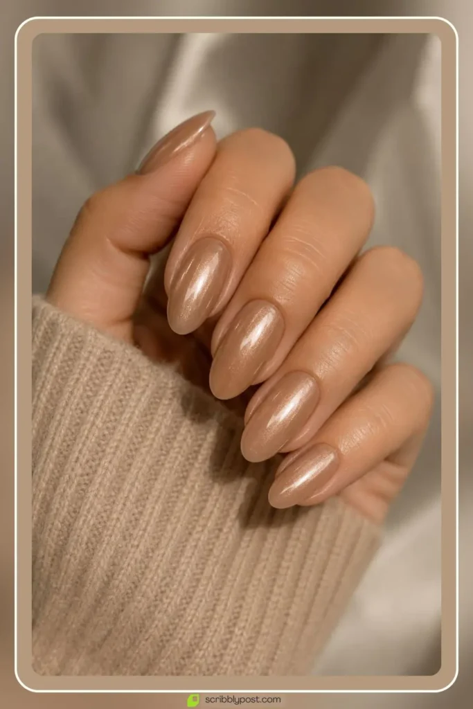 Glazed latte brown nails with pearl shimmer glow