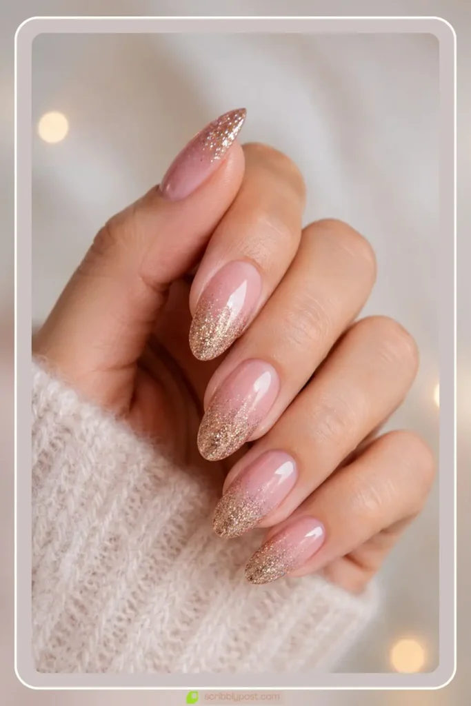 Solid base fading to dense glitter tip glitter ombre nails for parties