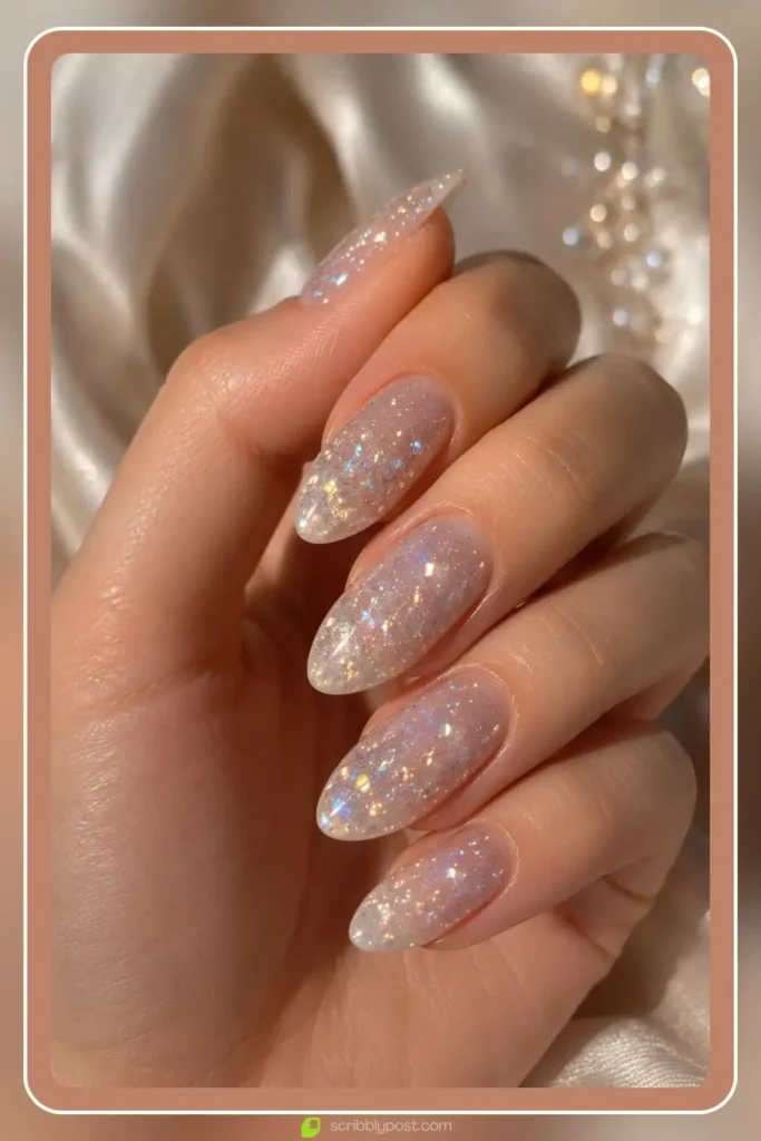 Glitter jelly nails with fine shimmer suspended in translucent coat
