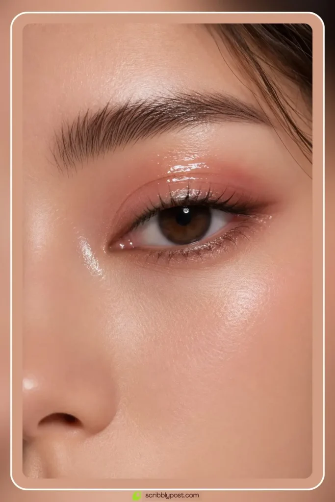 Glossy eye makeup with wet look lid shine
