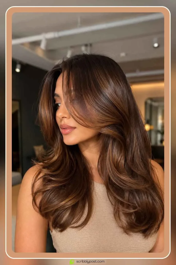 Glossy toffee hair color with rich shine on long layered hair