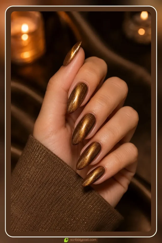 Gold cat eye nails with magnetic shimmer band over bronze base