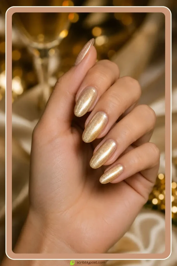 Gold champagne cat eye nails with warm metallic shimmer band