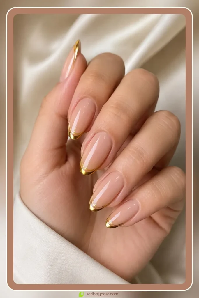 Gold french tip nails with thin metallic tips on nude base