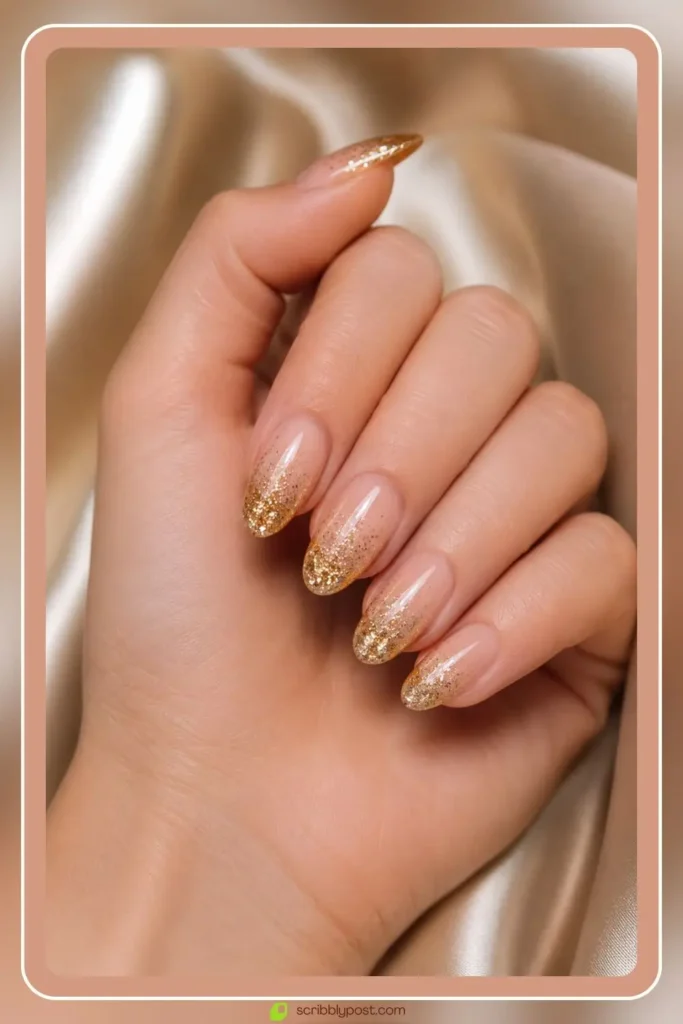 Gold glitter gradient nails dense at the tips over sheer base