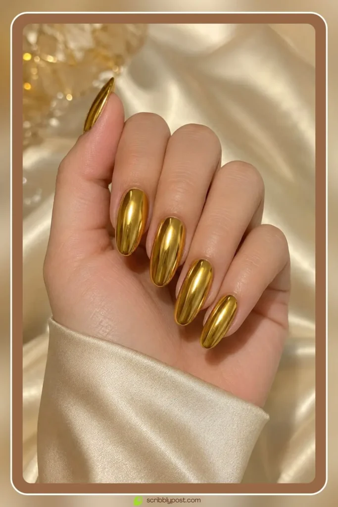 Gold mirror chrome nails reflecting light on oval shape