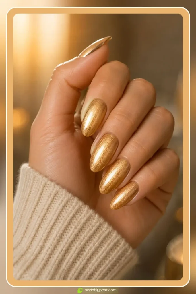 Gold velvet nails with warm honey shimmer glow