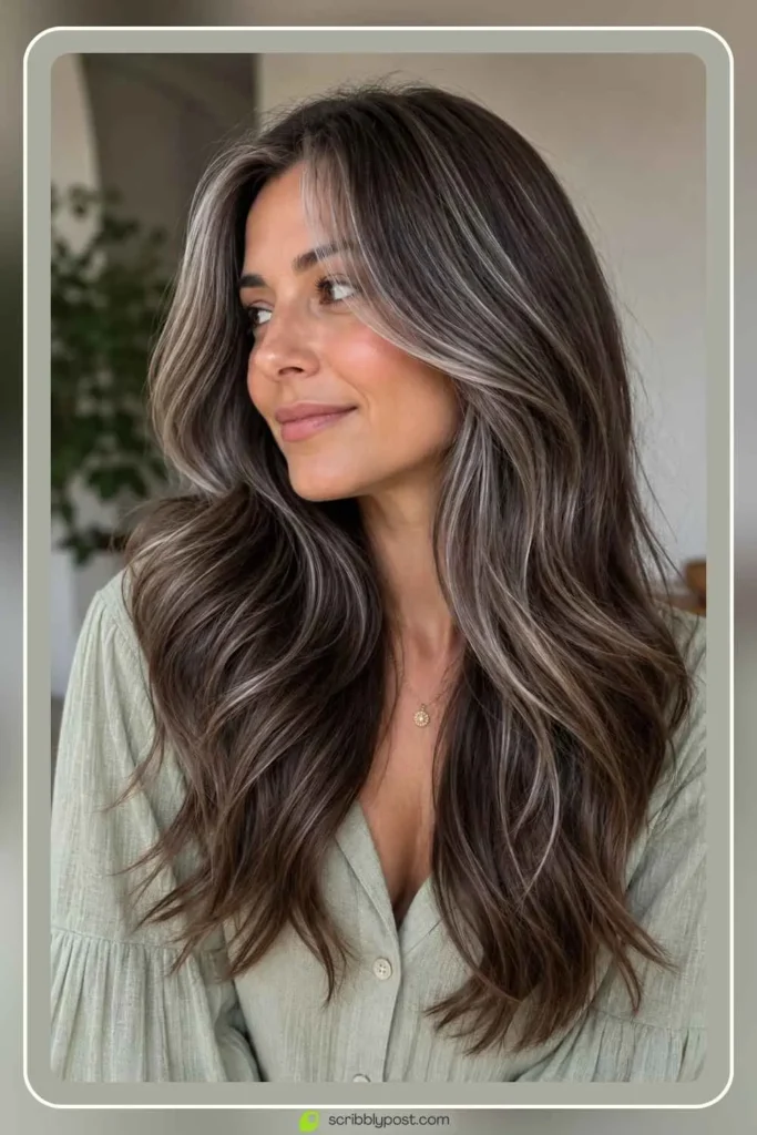 Gray blend hair color transitioning naturally with brown base