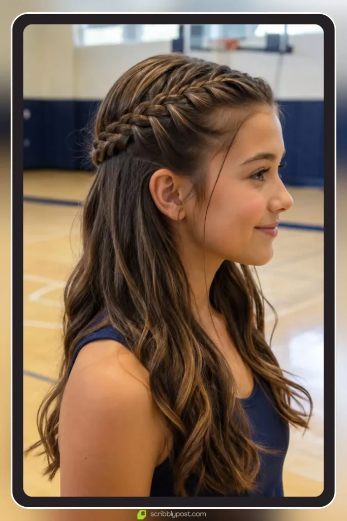 Dutch braided crown with the rest of the hair left down, Half Up Braided Crown, sporty hairstyle for girls