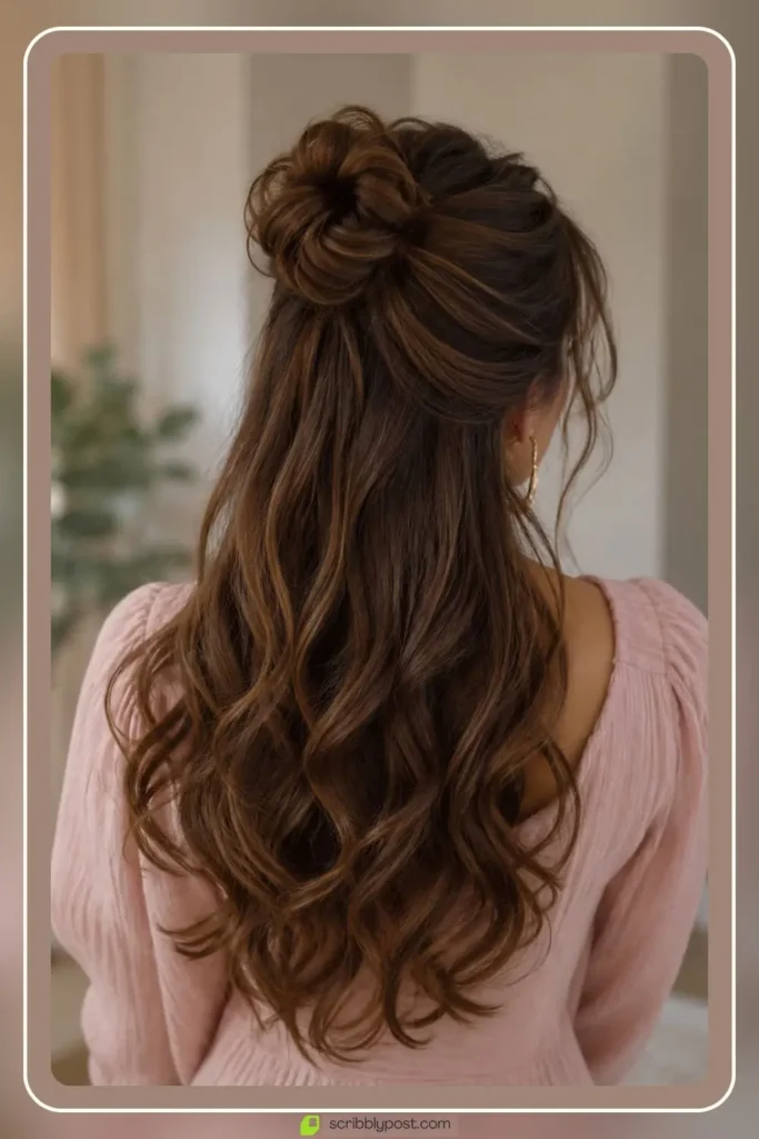 Half up half down bun hairstyle with curled loose ends