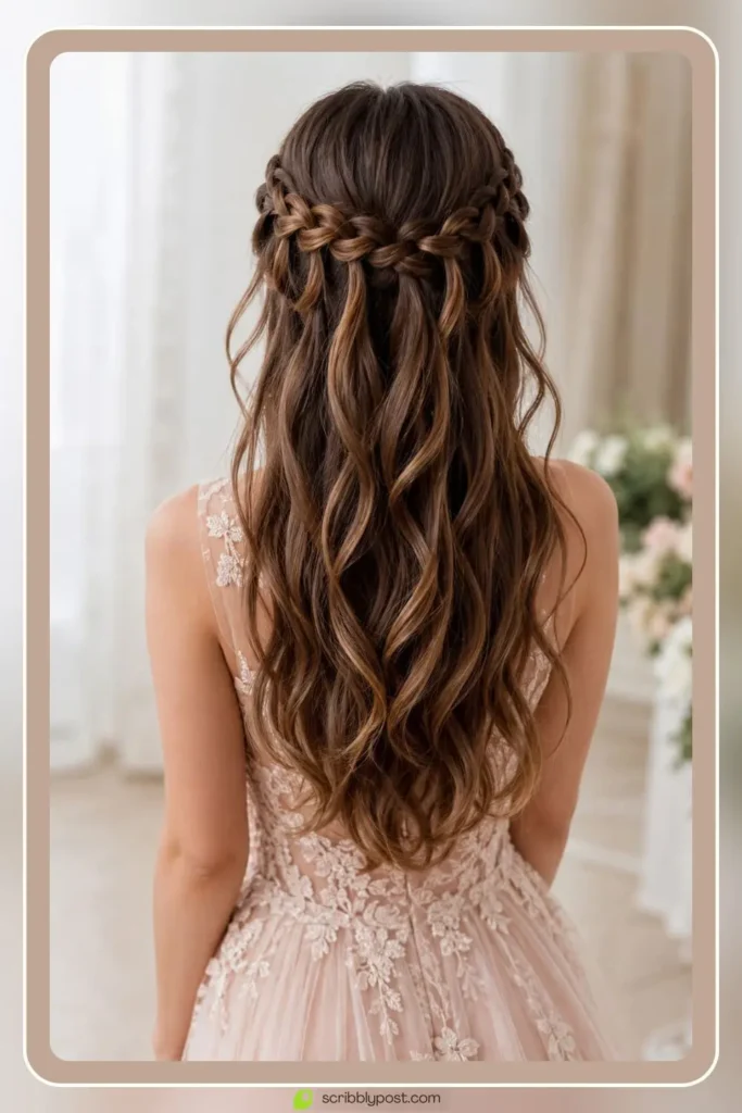 Half up waterfall braid wedding style with pinned crown