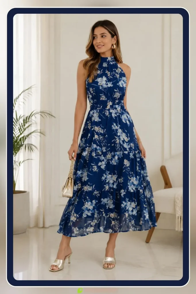 halter neck column maxi dress for a sophisticated engagement party look