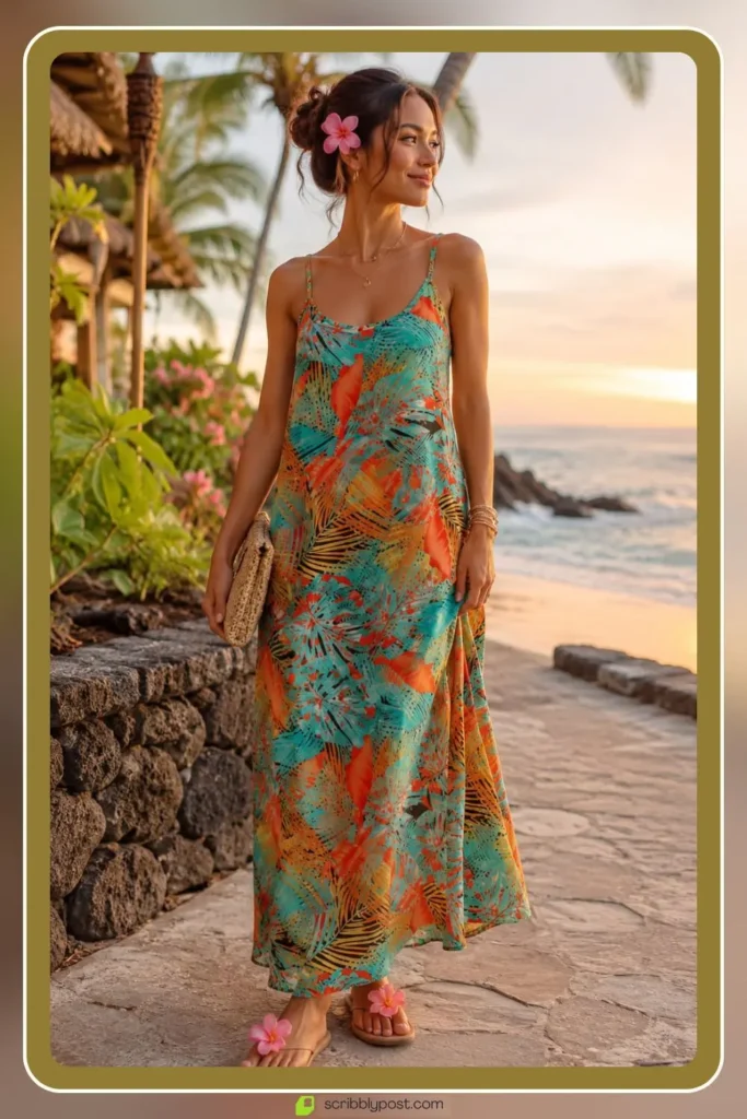 Hawaii vacation outfit with tropical print and flowy pieces