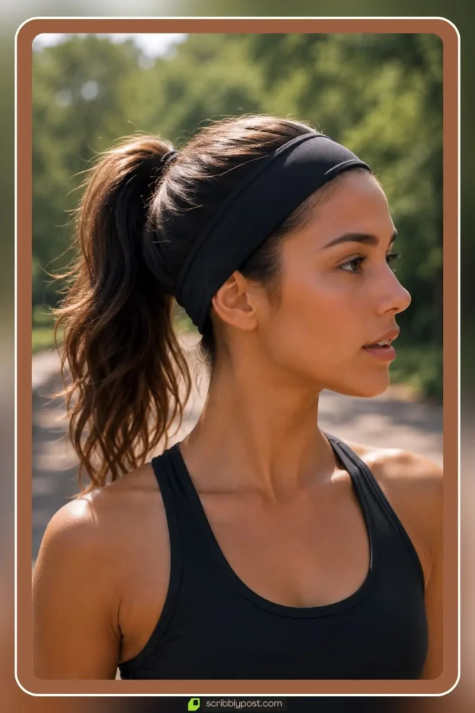 Mid height ponytail with a wide headband catching flyaways, Headband Ponytail, sporty hairstyle for runners