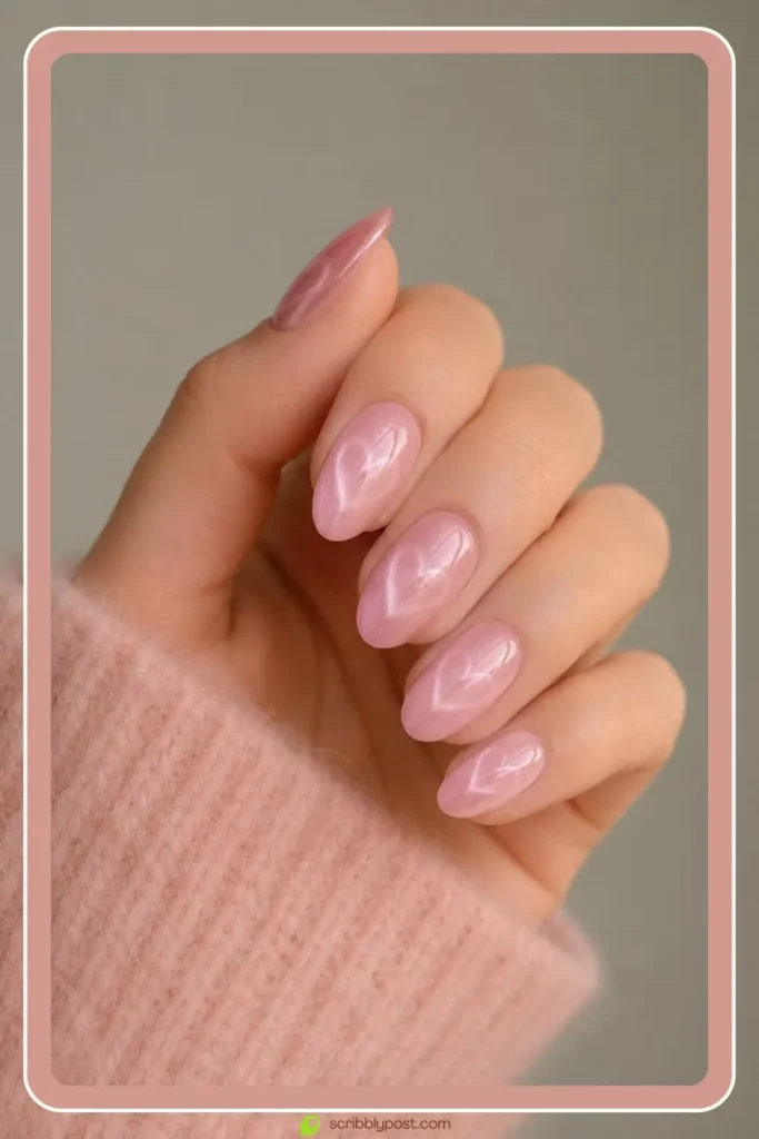 Cute cat eye nails with glowing heart shape in baby pink