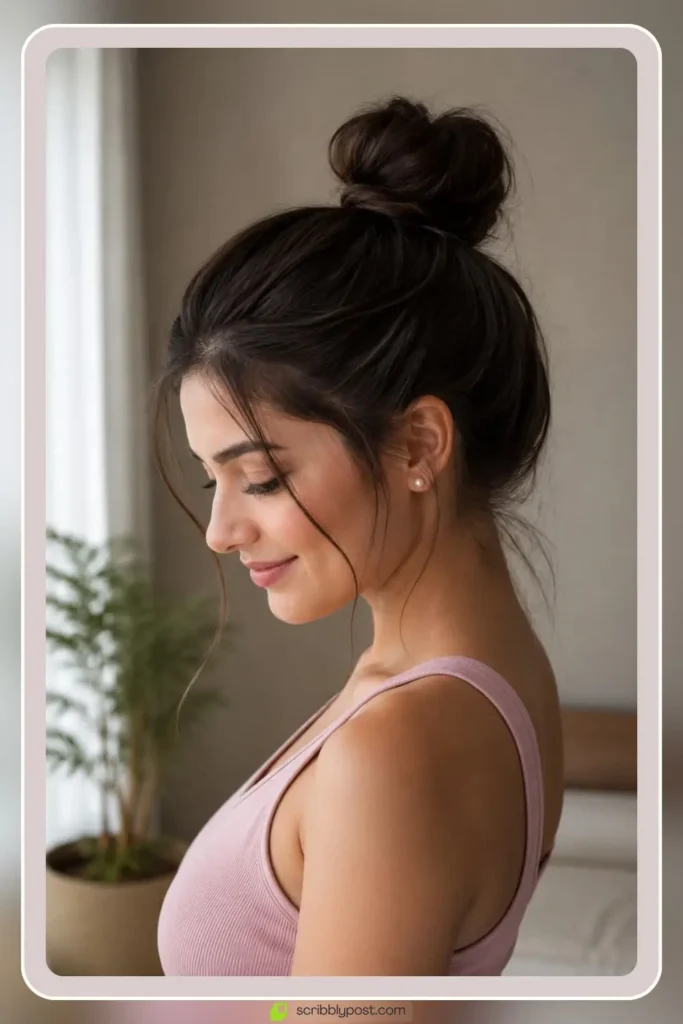 High bun hairstyle at the crown with lifted silhouette