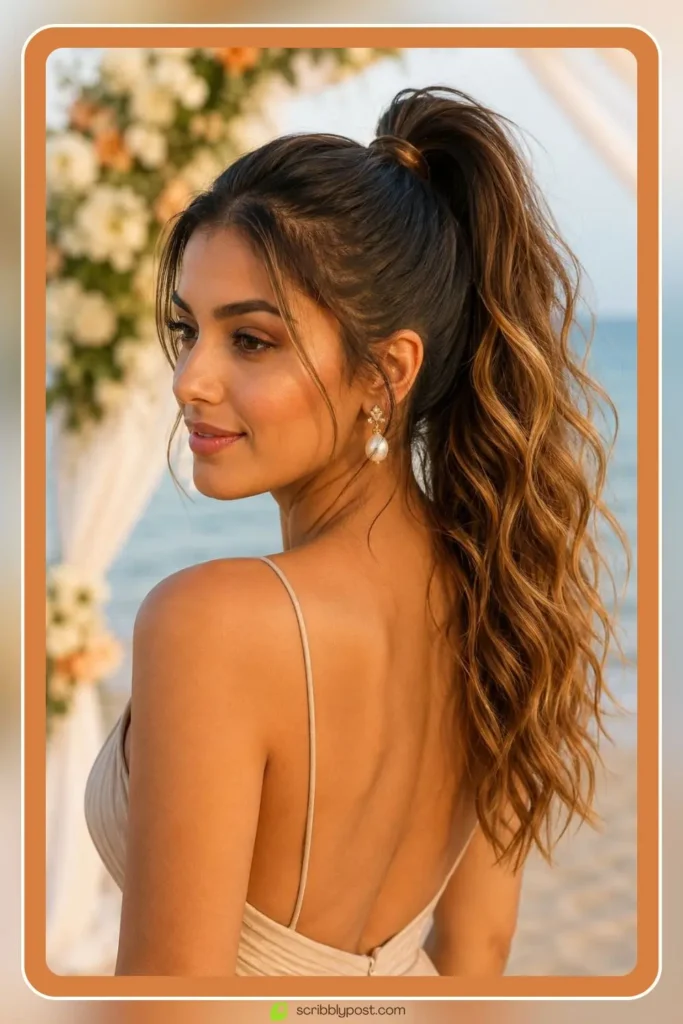High ponytail with beach waves in the ends and satin scrunchie wrap for a beach wedding guest