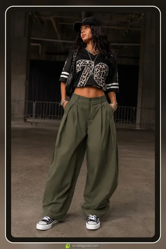 Hip-hop concert outfit with cargo wide leg trousers, oversized jersey tee, and bold streetwear sneakers