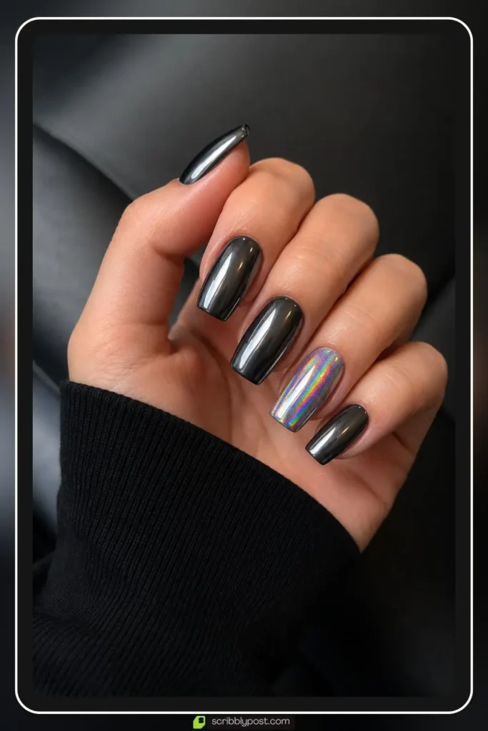 Holographic chrome accent nail with rainbow prism shift