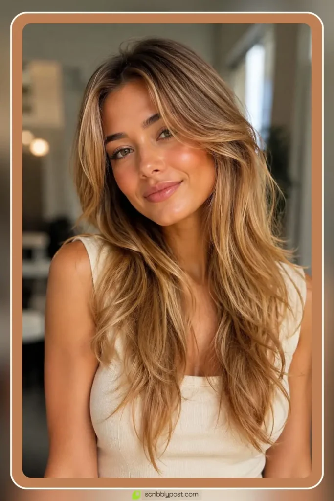Honey blonde hair styles in long warm golden layers