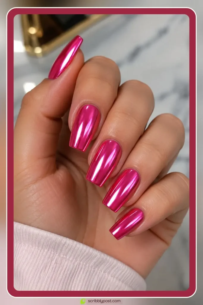 Hot pink chrome nails with bright metallic finish
