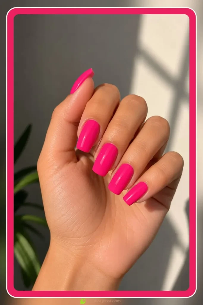 Hot pink nails in bold glossy solid on square shape