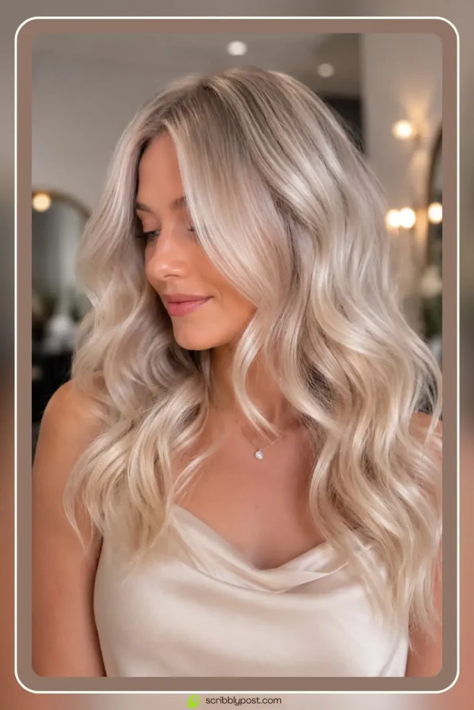 Icy champagne blonde waves with soft cool shimmer