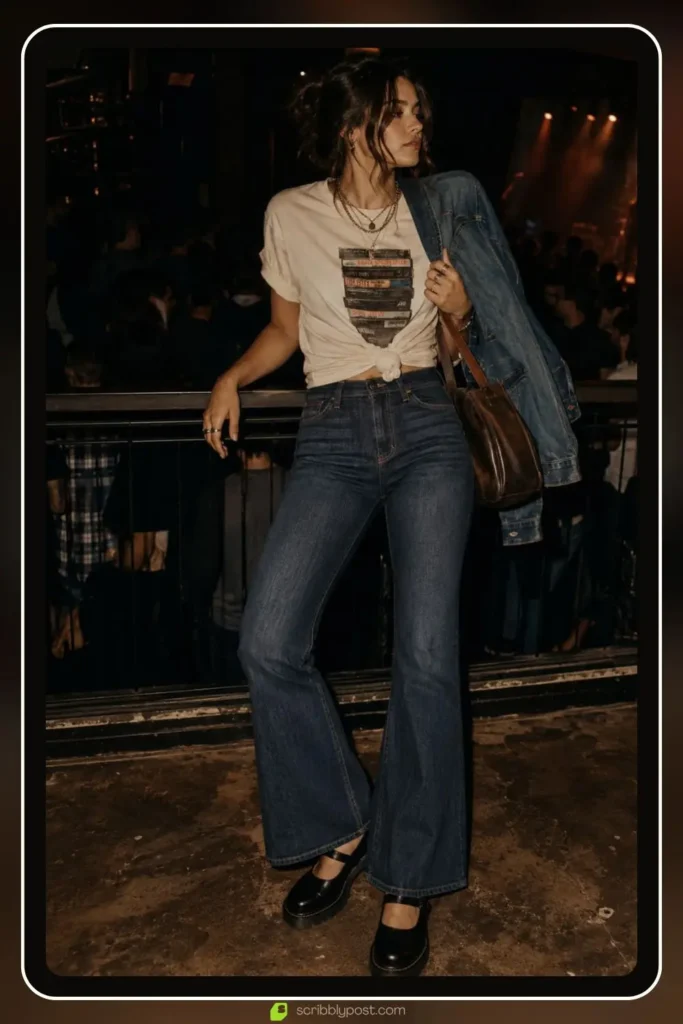 Indie concert outfit with vintage band tee, wide leg flare jeans, and Mary Jane platform shoes