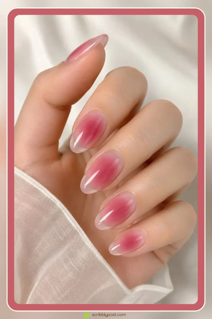 Jelly aura nails with berry glow core under glossy translucent coat