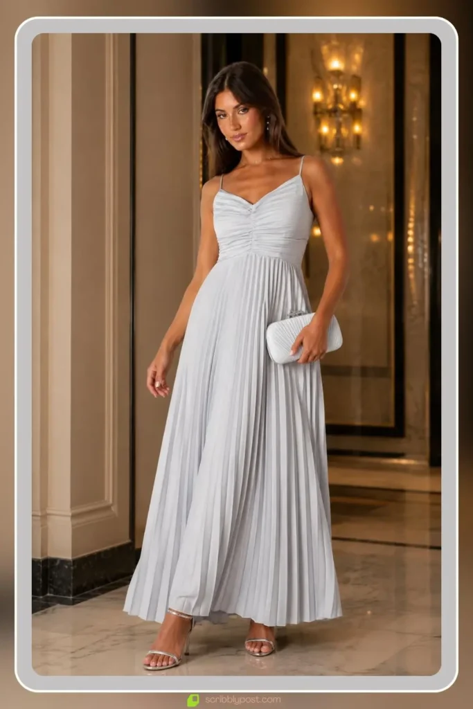 jewel tone sapphire pleated maxi dress for an engagement party guest look