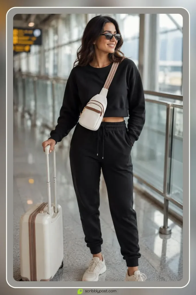Tapered joggers with a cropped crewneck sweatshirt in matching tones, Joggers and Cropped Sweatshirt, comfy travel outfit