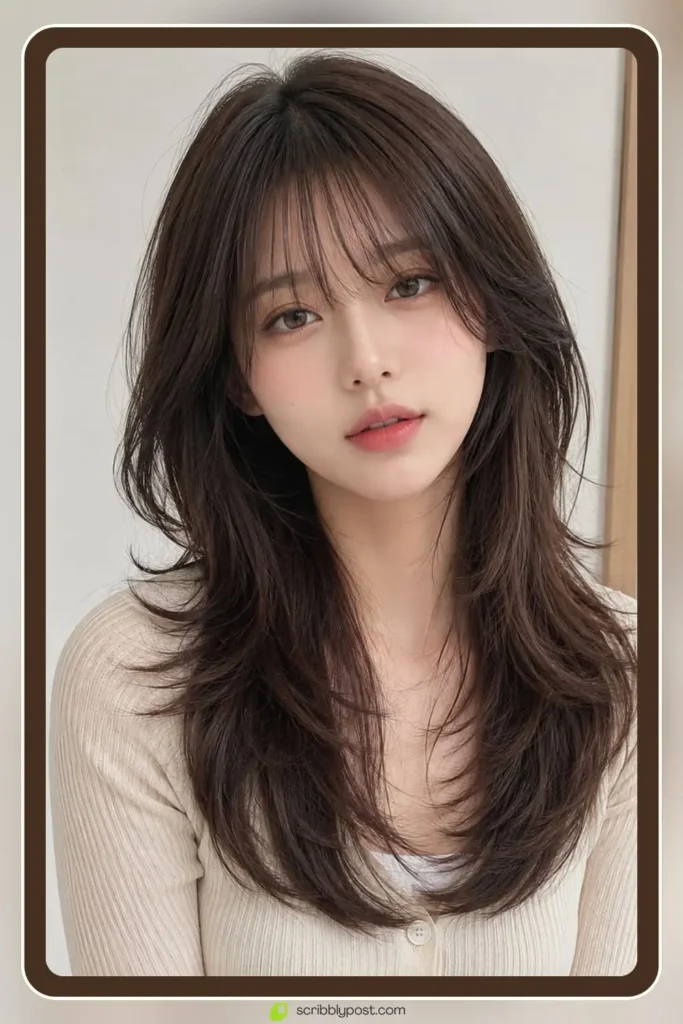 K-pop inspired wolf cut with airy volume and wispy bangs