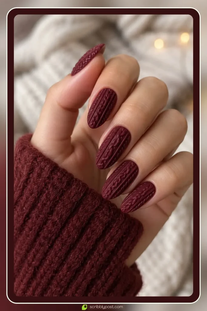 Burgundy sweater nails with raised 3d knit cable texture