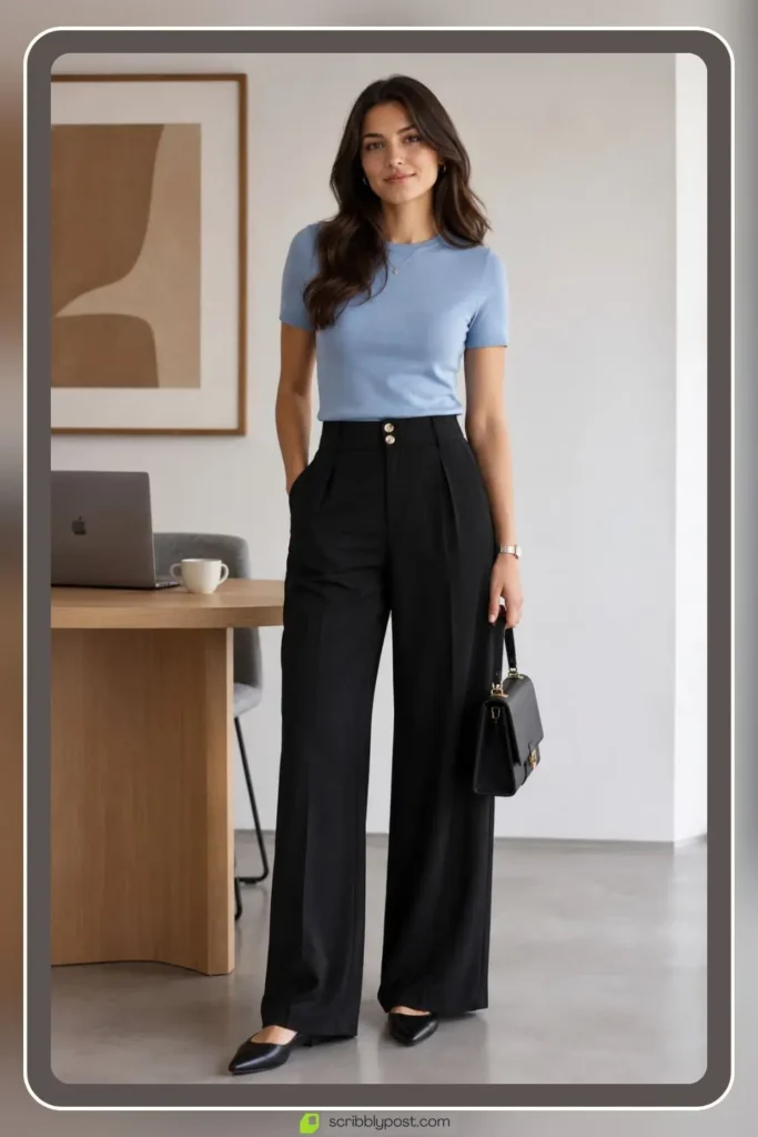 Fine knit top with wide leg trousers business casual outfit