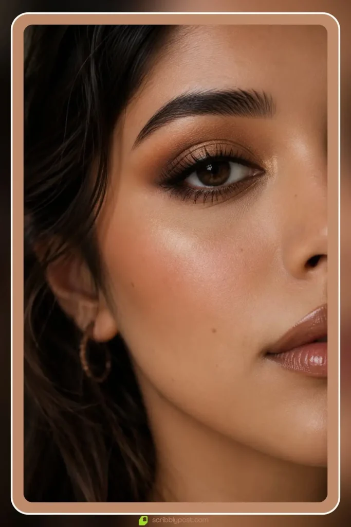 Latte eye makeup with warm caramel and taupe smoke