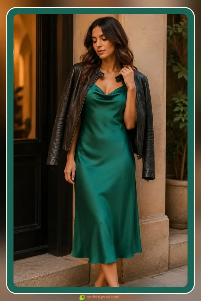 Leather jacket outfit with black fitted jacket over satin slip midi dress and pointed toe mules