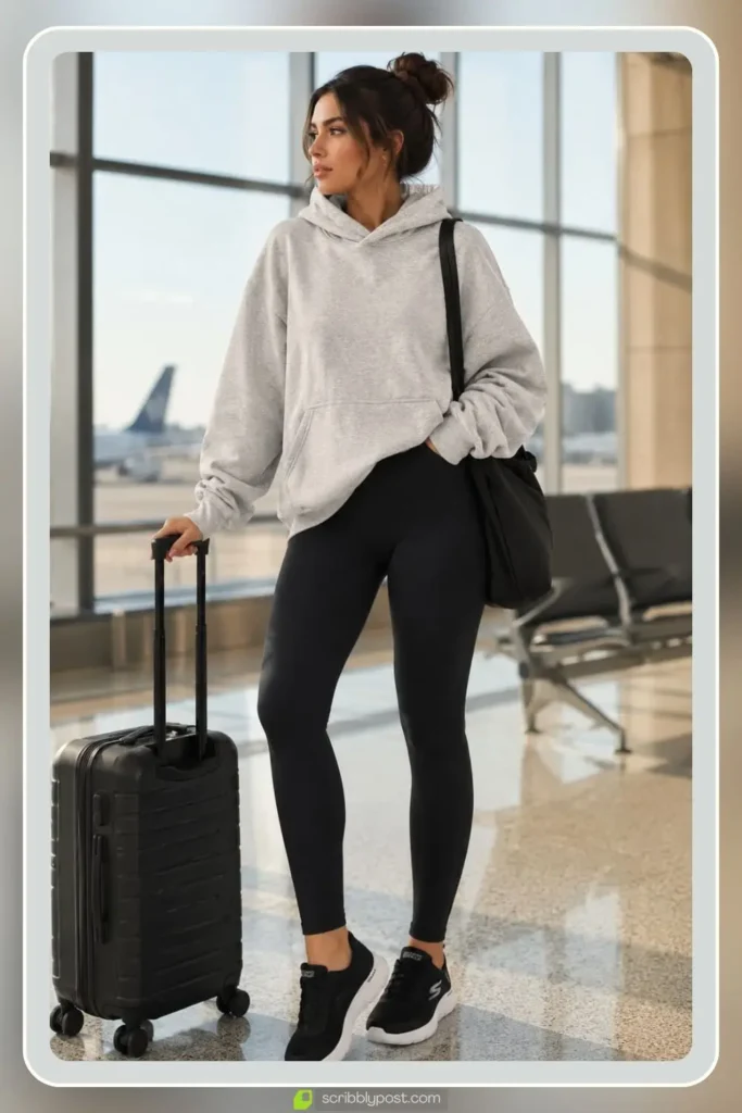 High waisted leggings with an oversized hoodie and white sneakers, Leggings and Oversized Hoodie, classic airport travel outfit
