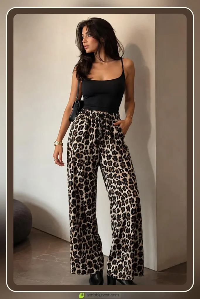 Leopard print pants with black top statement outfit