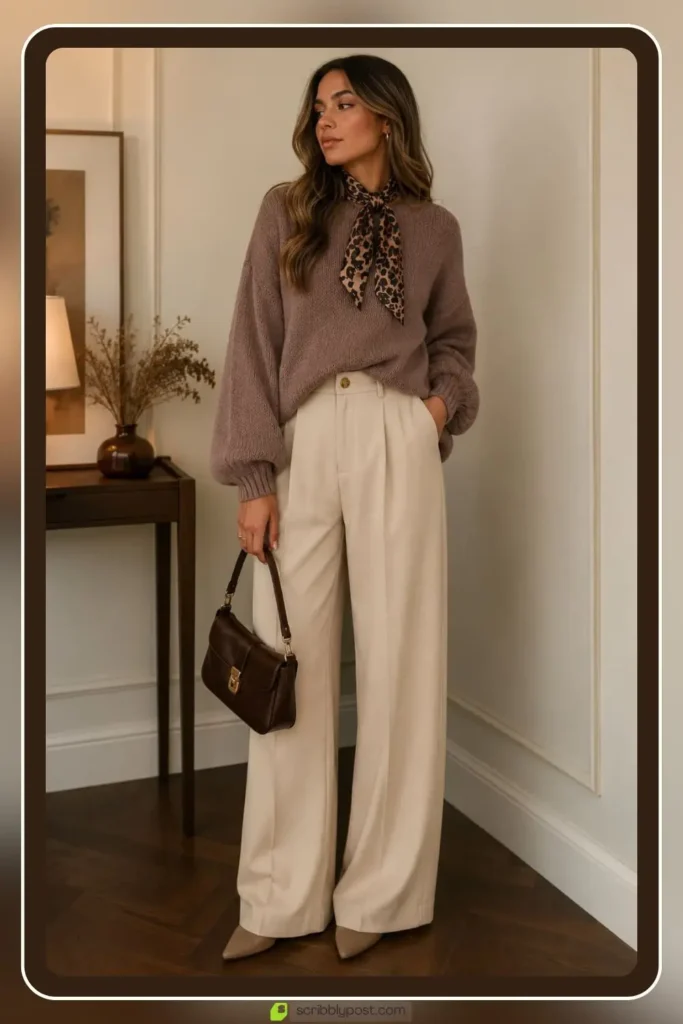 Leopard print scarf styled over neutral fall outfit