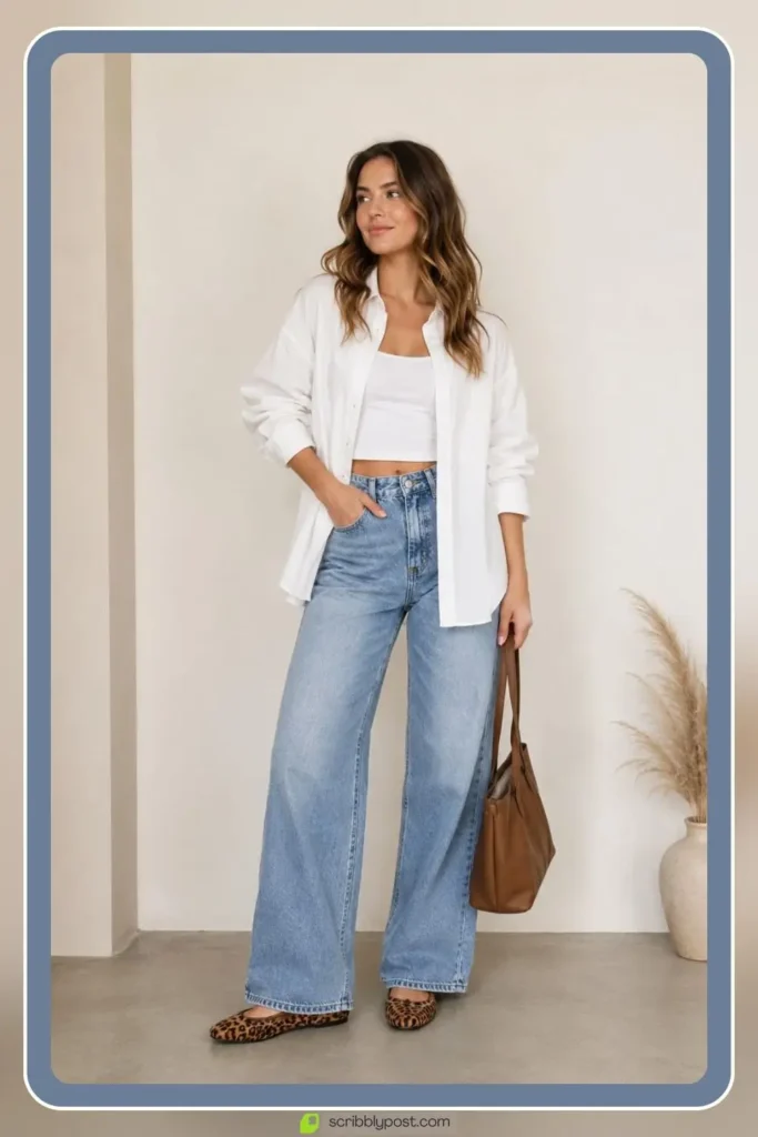 Leopard print flats with jeans and white shirt outfit
