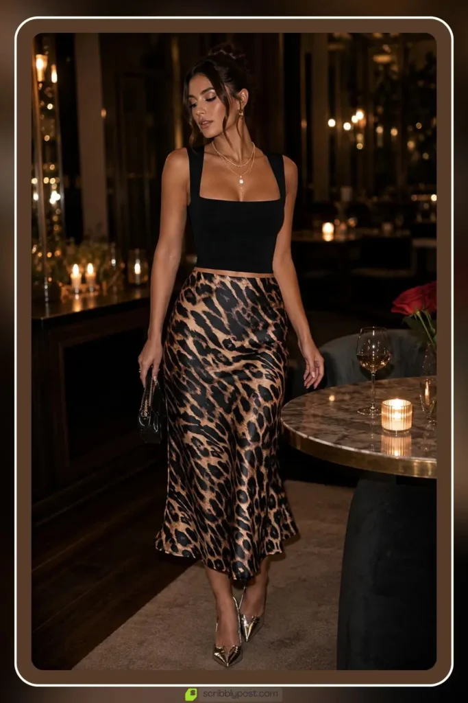 Leopard print midi skirt with black top date outfit