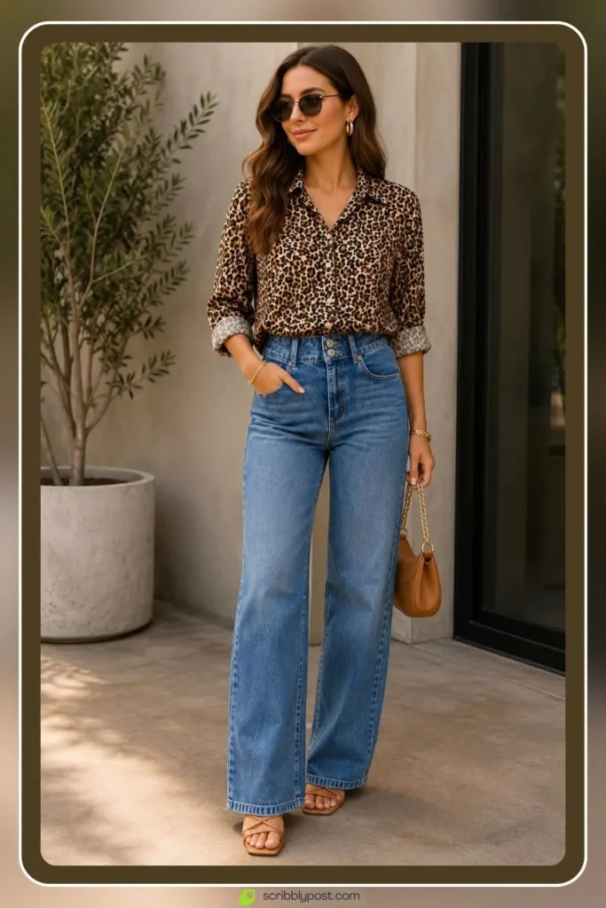 Leopard print top with denim casual outfit