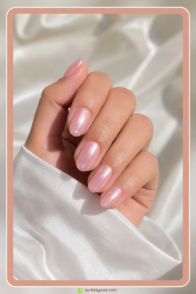 Light pink chrome nails with pearl glaze on short almond nails