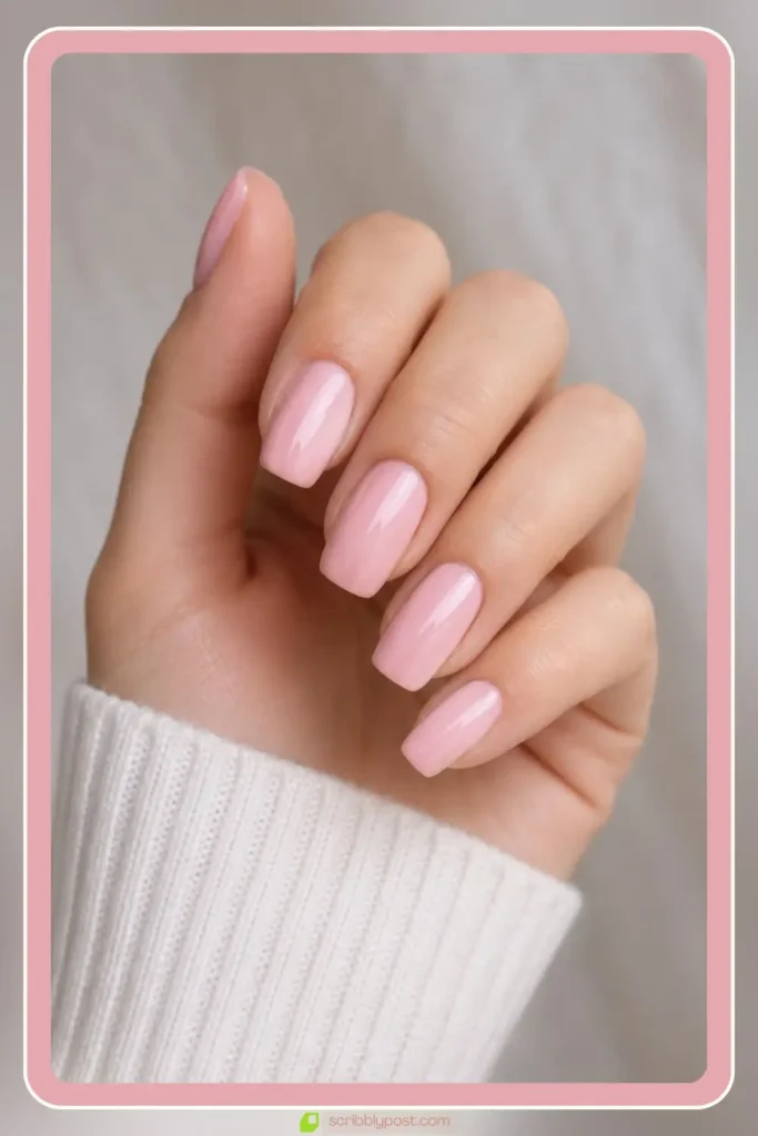 Light pink nails in glossy solid finish on medium length