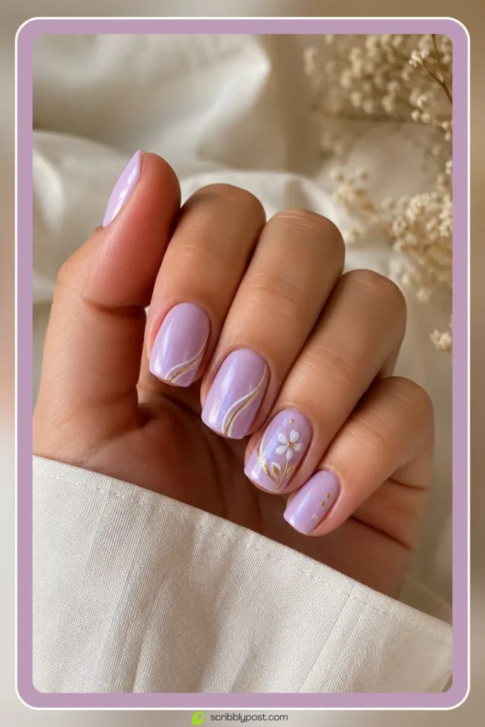Light purple nails with design details in white and gold